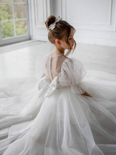 Đầm công chúa lưới xuyên thấu, tay bồng, hở lưng, thanh lịch dành cho bé gái tuổi teen, thích hợp cho sinh nhật, Giáng sinh, tiệc tùng, làm phù dâu, đám cưới, dạ hội và các dịp trang trọng khác.