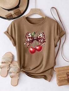 Camiseta oversize para mujer Playera casual de manga corta Camiseta con estampado de cerezas Diseño de lazo de leopardo con cerezas Estilo juvenil / chic / audaz Camiseta holgada para mujer - YH333-Marrón - Ver 2