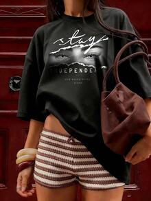Short-Sleeve T-Shirt With Inspirational Text And Grunge Print,  Short-Sleeve T-Shirt For Spring And Summer 2026, Made In Mexico, 180 Grams. Cartoon Print, Couple Design, Suitable For Indoor Or Outdoor Wear. Crew Neck, Unisex, Ideal For Office And Leisure. One-Pack. - BK-P631577SLNDXZGY415 - 查看 3
