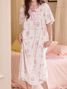 Gongdie Disney 迪士尼 Marie 女款夏季睡裙，柔軟莫代爾棉泡泡袖搭配荷葉邊領口，可愛貓咪印花家居洋裝 - 白色 - 查看 8