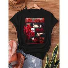 Under The Radar [Anime Print T-Shirt] Women's Black Anime Inspired T-Shirt With Red Lily And Japanese Spider Lily Design - Casual Crew Neck, Short Sleeve For Spring And Summer | Soft Textured Fabric, Anime Print T-Shirt - Vintage Street Style, Unisex, Cotton, Short Sleeve, Crew Neck. - 黑色 - 查看 2