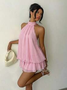 Vestido mini elegante de mujer con cuello halter y lazo en color amarillo claro - Rosa Pálido - Ver 8