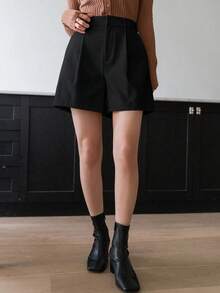 Pantalones cortos de mujer de cintura alta, plisados, con bolsillos, de unicolor y de pierna recta, elegantes y vintage, para el verano - Negro - Ver 5