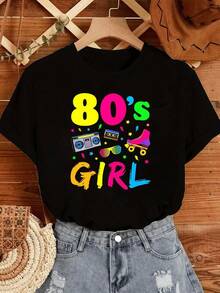 Vintage Camiseta para Mujer con Diseño Divertido de Chica de  80s,Estilo Retro con Patines,Gafas y Radiocasete,Ideal para un Look Casual y Original.Fashion 100% Cotton100% Cotton100% Cotton - Negro - Ver 6