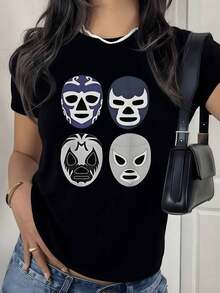 Beautiful Blouses Four Iconic Mexican Wrestling Masks Symbolizing Strength, Tradition, And Fighting Spirit On A Women's T-Shirt 100% Cotton 100% Cotton Casual Blouses For Women - 黑色 - 查看 8