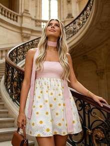 Vestido Mini para Mujer con Estampado Floral y Cuello de Bufanda, Sin Mangas A-Line, Fluido para Vacaciones y Citas de Verano - Blanco - Ver 3