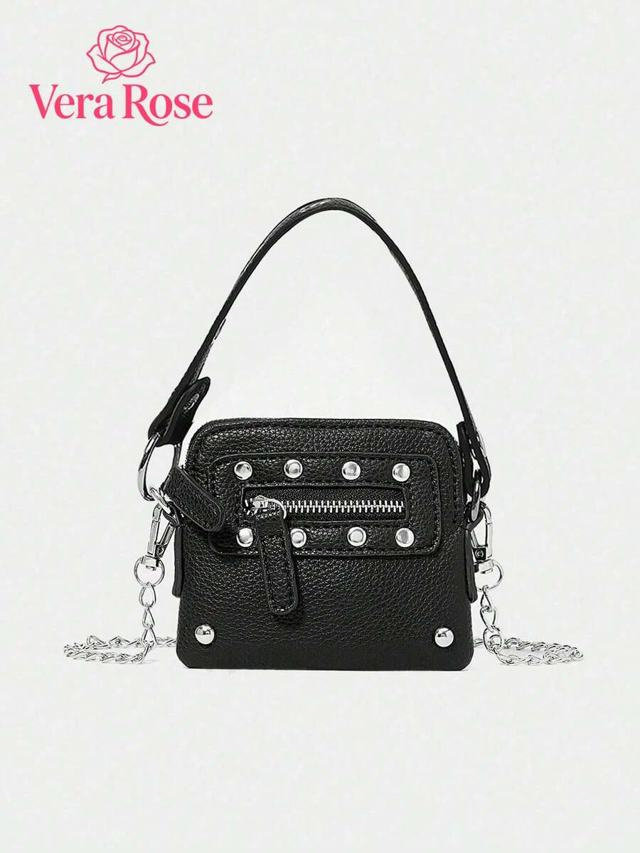 Fashion Cool Punk Rivet Zipper Mini Motorcycle Bag, Portable Slung Dual-Purpose Metal Chain Bag, Niche Versatile Texture Street Wind Small Square Bag, Personalized Classic Fashion Rivet Chain Envelope Bag, Suitable For Shopping, Daily Commuting And So On. - Black - View 1