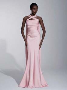 Belle Elegante vestido de dama de honor de novia ajustado con escote corazón y volantes, color verde romántico trenzado mate - Rosa vieja - Ver 7
