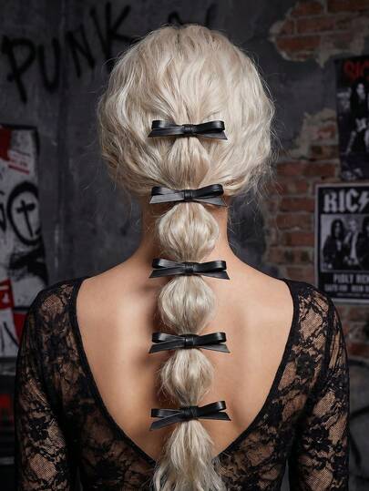 5pcs Women's Hair Clips, Dark Punk Y2K Retro Chic Style, Black PU Leather & Metal Butterfly Decor Hair Accessories, Suitable For Daily, Party, Festival