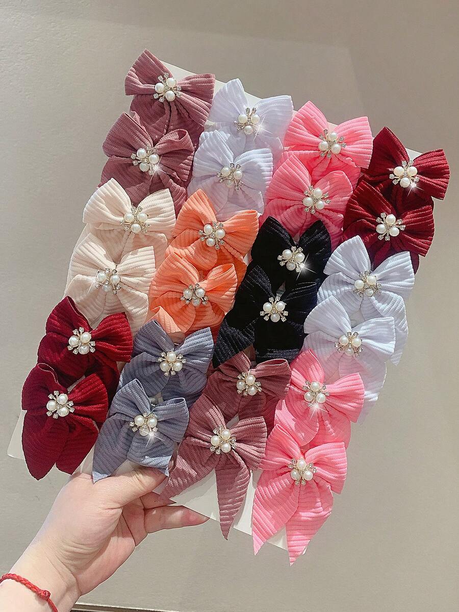 8pcs Solid Color Striped Fabric Bow Hair Clips With Pearl Rhinestone Decor, Cute Girl's School Style Hair Accessories, Suitable For Daily Wear And Party - Multicolor - View 1