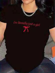 Camiseta negra para mujer con estampado rosa "I'm Literally Just A" y diseño de lazo - Poliéster suave, cómoda y duradera, perfecta para uso casual, camiseta de uso diario.|Camiseta con Diseño Divertido|Tela de elasticidad media - Blanco - Ver 6