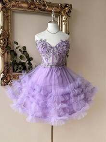 Elegante y lujoso vestido corto hecho a mano con aplicaciones bordadas, encaje de ganchillo y parches de satén, con abertura en la cintura, adecuado para citas, fiestas de solteros, galas, bailes, Día de San Valentín - Morado Violeta - Ver 9