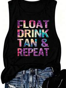 "Float Drink Tan & Repeat" Tie-Dye Slogan Tank Top For Women, Vacation Graphic Loose Fit Sleeveless Vest Casual Summer Beach Streetwear Top. - màu đen - Xem 6