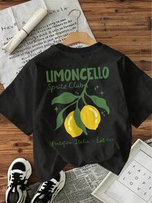 1 Pieza [Impresión a Doble Cara] Camiseta de Manga Corta con Cuello Redondo y Estampado de Letras Estilo Cartoon Lemon Limonllo Spritz, Tejido Transpirable, Estilo Vintage Urbano, Unisex, Camiseta Holgada de Algodón de Manga Corta con Cuello Redondo, blusas para mujer. blusas.blusas casuales para dama. - Negro - Ver 3