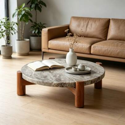 Natural Marble Trivet With Acacia Wood Stand