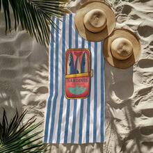1条沙滩巾，条纹沙丁鱼罐头印花，70x150厘米，海洋风格，适用于浴室、游泳、健身、瑜伽等场合。柔软舒适的超细纤维材质，轻便易携，防风、防紫外线、防沙，是夏季旅行、度假和浴室装饰的理想之选。 - 藏蓝色 - 查看 5