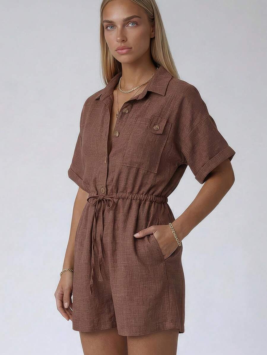Women's Short Sleeve Romper With A Collared Neckline, Button-Front Closure, Chest Pocket, And Adjustable Drawstring Waist. Designed In A Lightweight Woven Fabric For A Comfortable And Versatile Everyday Look. - Mocha Brown - View 1