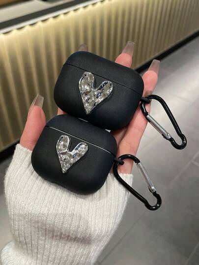 1 pieza Funda de auriculares con diseño de corazón plateado y acabado mate negro de TPU dividido con 1 pieza de gancho colgante para funda de auriculares (solo funda de auriculares, sin auriculares incluidos), compatible con funda de , auriculares, Pro 2, 3, AirPodsPro, 1/2, 4, Pro3