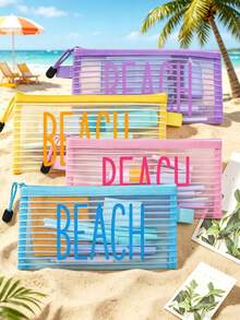 Striped Mesh Beach Bag, Colorful "Beach" Printed Makeup Bag, Beach Theme. Large Capacity Makeup Bag, Nylon Zipper Wash Bag - Lightweight, Can Store Sunscreen, Snacks, Bikinis, Documents, And Beach Essentials. - Multicolor - View 2