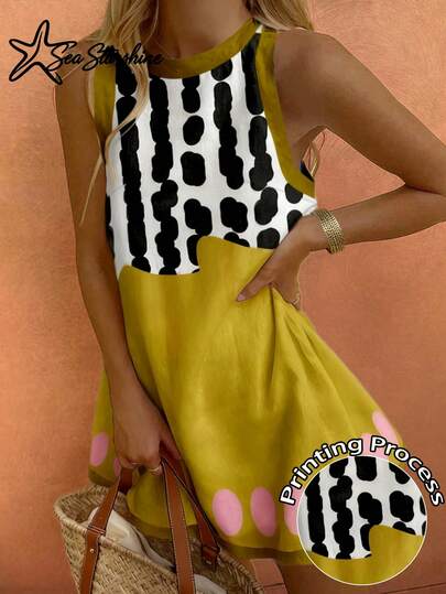 Women's Casual Vacation Style Ocean Theme Colorful Fish & Letter Print Sleeveless Slip Dress, Spring/Summer Elegant
