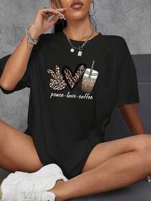 Camiseta casual estampada de moda personalizada, top deportivo de manga corta con cuello redondo y ligeramente elástico, ropa deportiva para mujer. - Negro - Ver 7