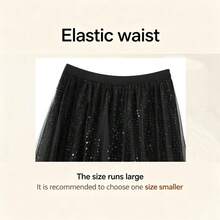 Spring/Summer New Versatile Pink Sequin Skirt, Pink Mesh A-Line Skirt, Pleated Flared Skirt Black - Black - View 6