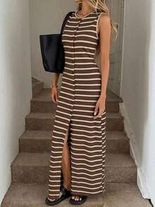 Vestido ajustado a rayas blancas y negras con abertura frontal, informal, para negocios y resorts, lindo vestido de verano, adecuado para las temporadas de primavera, verano, otoño e invierno, ropa informal de negocios para la vuelta al cole, atuendos para salir, ropa para la vuelta al cole, atuendos para maestras, vestido color crema, vestido elegante de playa largo para mujer. - Azul - Ver 8