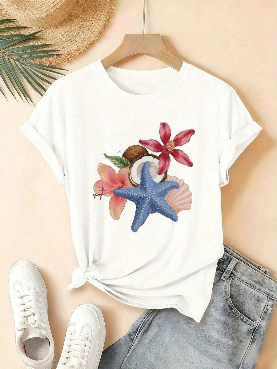Essential Black Beach Party T-Shirt With Colorful Graphics (Starfish, Flowers, Coconut, Seashell, Leaf), Rolled-Up Sleeves, Light Blue Denim Jeans, White Sneakers, And A Straw Hat-Perfect For Summer, Memorial Day, The Fourth Of July, And Labor Day. Breathable And Comfortable. - 白色 - 查看 1