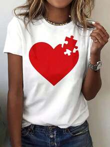 Aesthetic Missing Puzzle Red Heart Graphic Tee Women Oversized Round Neck Short Sleeve Casual Love Symbol Daily Wear Tops - White - View 4