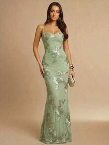 Vestido de tirantes finos maxi ajustado y elegante con diseño floral 3D en color marrón, adecuado para invitada de boda en otoño, fiesta, cóctel, noche, Navidad.Vestido maxi ceñido y con espalda descubierta, apropiado para fiesta de ot - verde menta - Ver 8