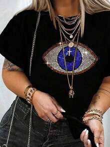 Camiseta de mujer con estampado de ojos y embellecimiento con rhinestones para mujer tallas grandes - Negro - Ver 5