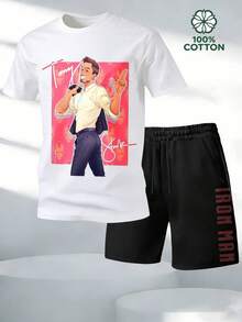 Tony Stark Singing Pose Men's 2 Piece Outfits 100% Cotton T-Shirt And Shorts Set Marvel Superhero Graphic, Streetwear Casual Summer Clothes For Men Summer Clothes Gifts - White - View 1