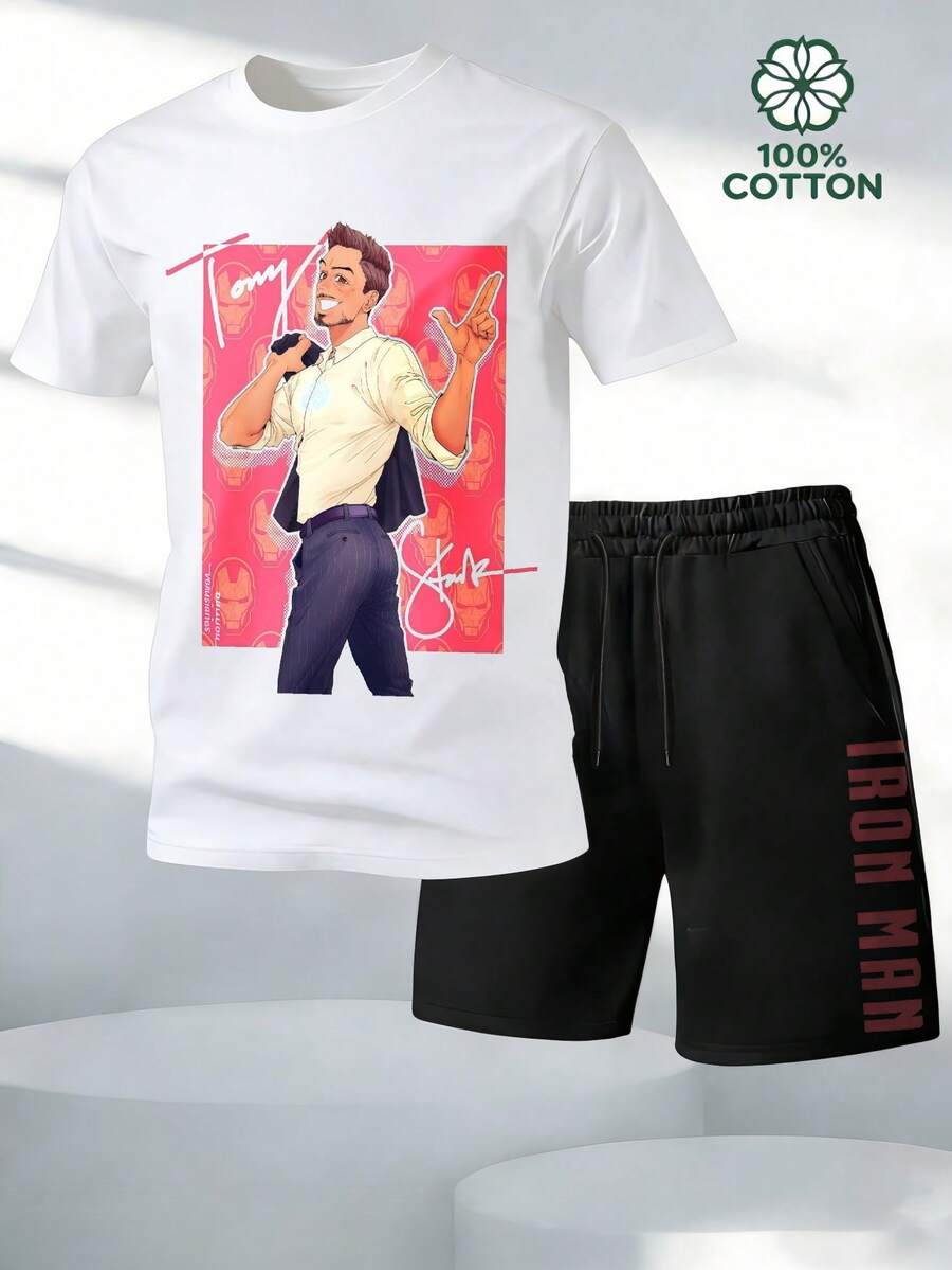 Tony Stark Singing Pose Men's 2 Piece Outfits 100% Cotton T-Shirt And Shorts Set Marvel Superhero Graphic, Streetwear Casual Summer Clothes For Men Summer Clothes Gifts - White - View 1