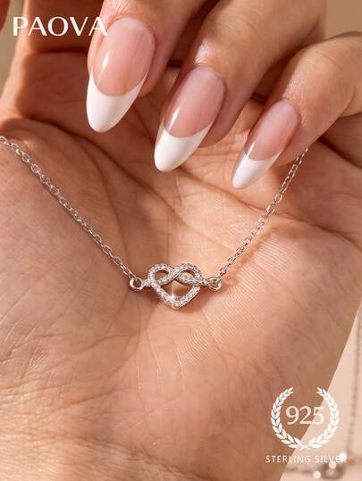 1 pieza Collar con colgante de circonita cúbica con forma de corazón minimalista, collar con colgante de plata de ley 925, regalo de joyería elegante, adecuado para el atuendo diario y de cita de las mujeres