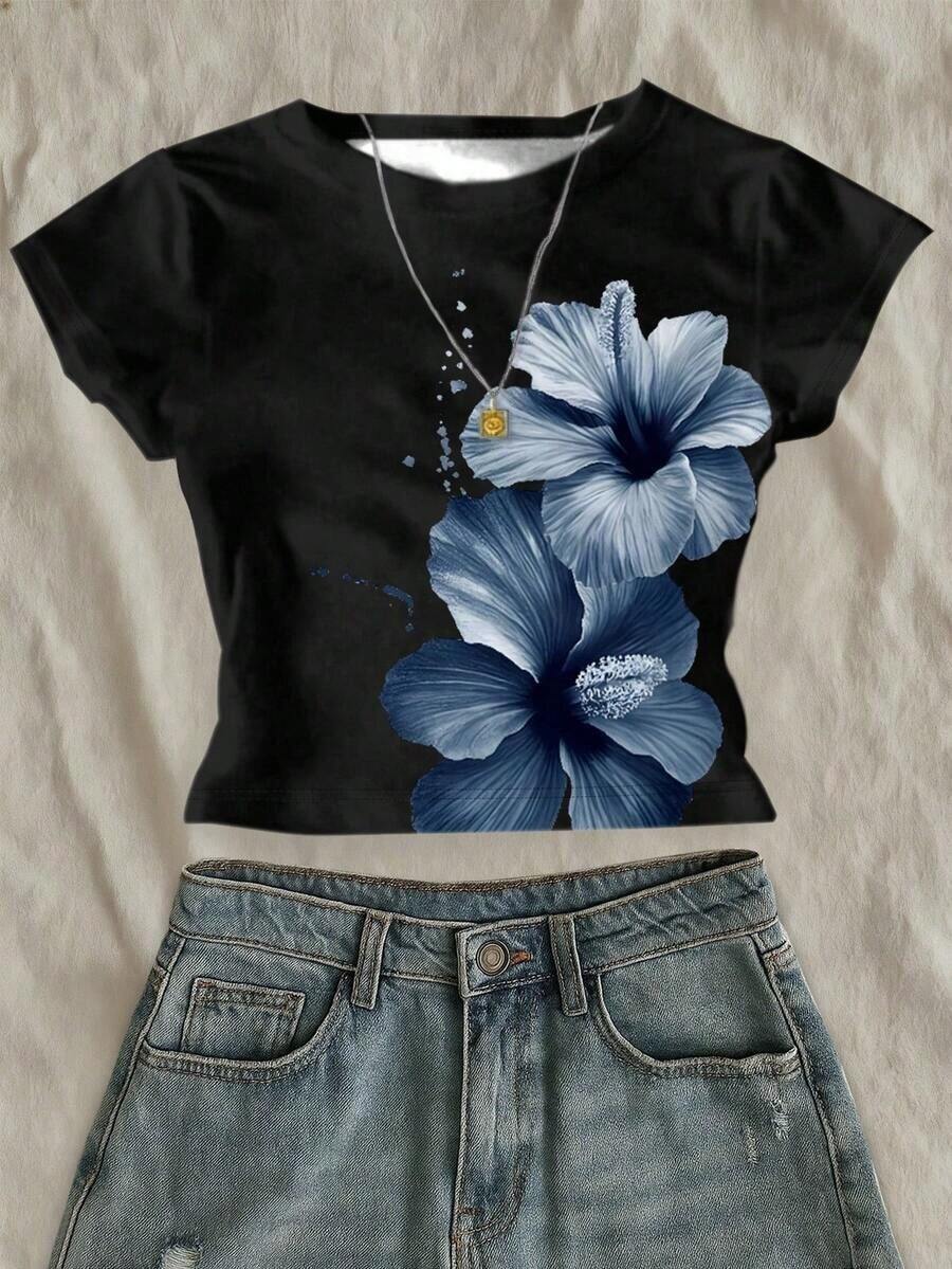 Camiseta corta de mujer de ajuste ceñido con estampado de lentejuelas y perlas de imitación, una prenda imprescindible para el verano, una camiseta de moda y con estilo, adecuada como regalo para hermanas, madres, Día de la Madre, una prenda casual - Negro 2 - Ver 1