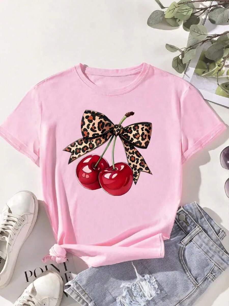 Camiseta con estampado de cereza para mujer, Tops informales de manga corta con cuello redondo para verano y primavera, ropa para mujer, camisetas - D0245-F - Ver 1
