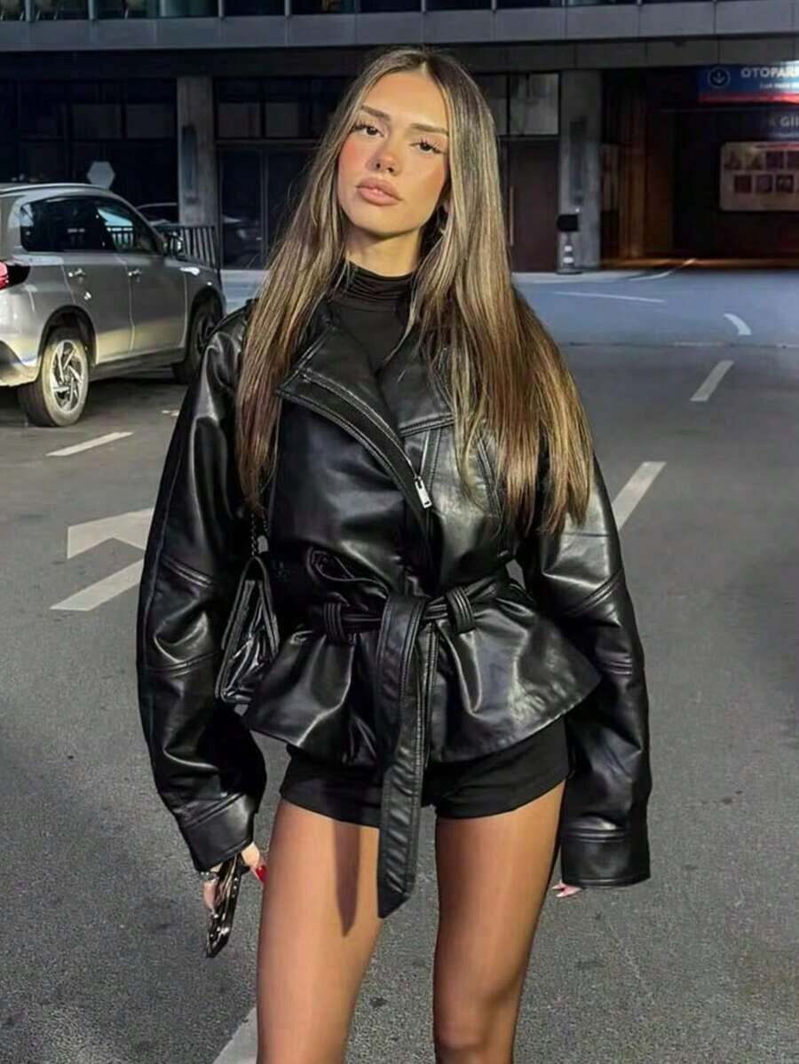 Chaqueta ligera con cuello de solapa y cinturón de piel sintética para mujer SHIBASHAN, abrigo de manga larga de piel sintética de moda color negro - Negro - Ver 1