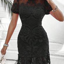 Women's Stand Collar Short Bubble Sleeve Hollow Out Dress For Holiday Party Clothes Lace Women Outfit - Blanco - Ver 6