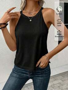 LUNE Camiseta de tirantes de cuello halter casual y cómoda para mujer, 95% algodón, adecuada para el verano - Negro - Ver 6