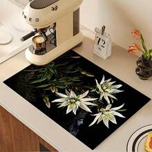 1pc Lily Flower Print Absorbent Mat/Drying Mat For Coffee Maker, Tableware - Polyester Absorbent Desktop Protective Mat With Rubber Anti-Slip Pad, For Kitchen Counter Decor, Home Bar And Dining Table - Multicolor - View 2