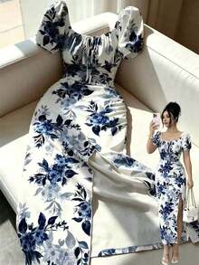 Vestido floral de cuello cuadrado, mangas de pétalo, cintura ceñida y ajustado para mujer, primavera/verano - Azul y blanco - Ver 1