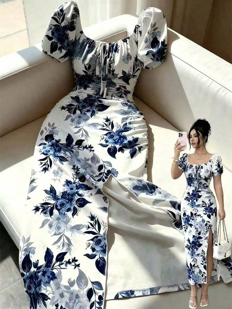 Vestido floral de cuello cuadrado, mangas de pétalo, cintura ceñida y ajustado para mujer, primavera/verano - Azul y blanco - Ver 1