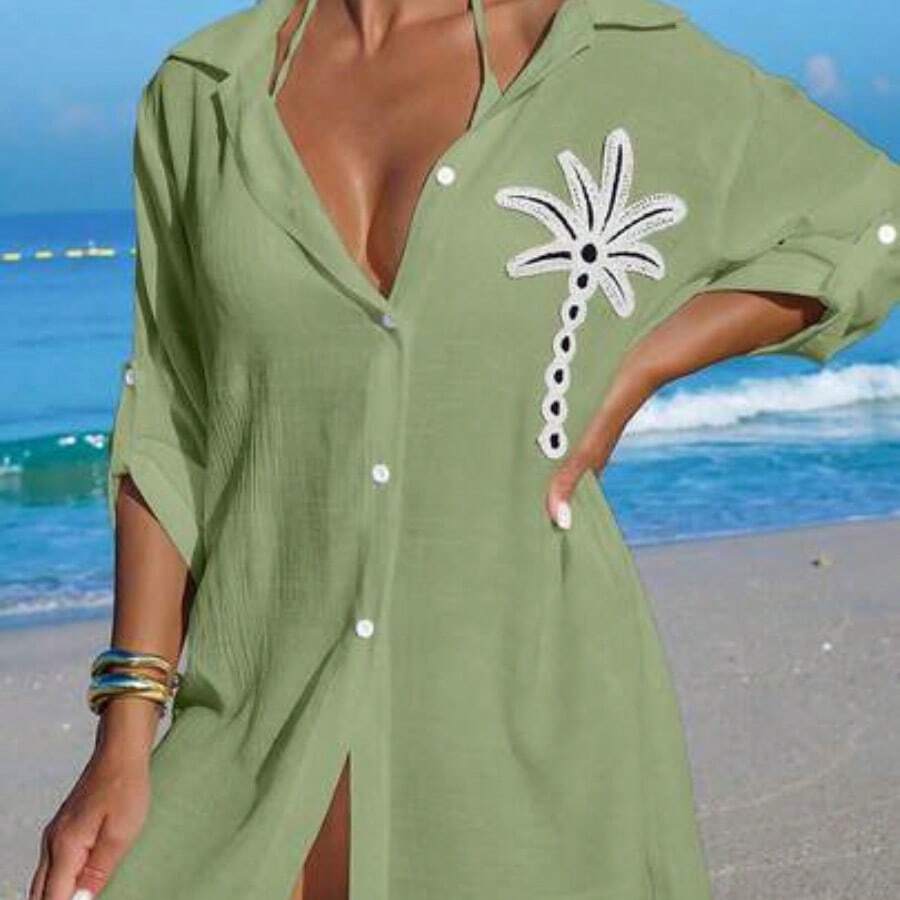 Swim Vcay Women's White Coconut Tree Button Casual Vacation Beach Kimono Cover Up - Verde militar - Ver 1