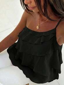 Nueva blusa elegante y romántica de primavera/verano para citas, Día de San Valentín, temporada de bodas, de gasa rosa con un hombro, espalda descubierta, volantes en capas, blusa sexy con volantes para la playa, atuendo de boda, camisa rosa elegan - Negro - Ver 8