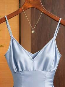 Camiseta de mujer elegante y de moda con cuello en V profundo - Azul - Ver 3