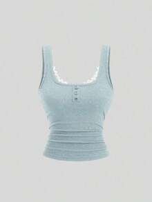 Camiseta de tirantes casual de mujer con parches de encaje - Azul - Ver 8