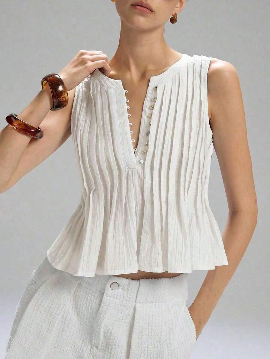 Primavera/Verano Nueva Blusa de Lino sin Mangas con Cintura Plisada para Mujer, Minimalista Casual, Estilo Vacacional, Marrón - Beis - Ver 1