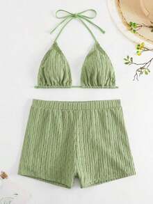 2 piezas Conjunto de bikini de unicolor con textura, tipo halter, adecuado para vacaciones de verano en la playa - verde menta - Ver 3