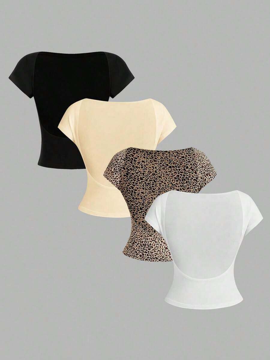 4 piezas Camisetas de mujer de cuello redondo, ajustadas, con espalda descubierta y diseño minimalista de patrones, adecuadas para el verano - Multicolor - Ver 1