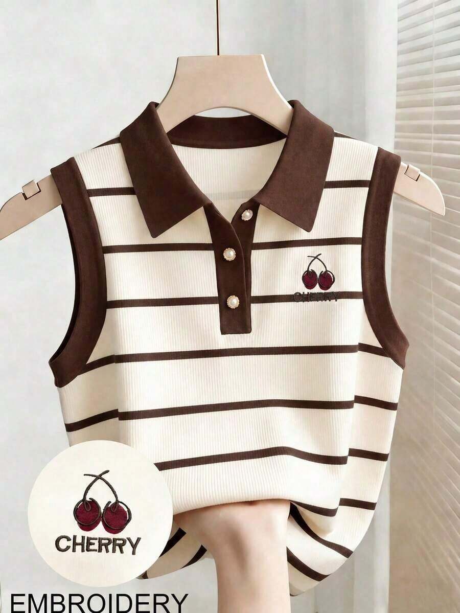 Camiseta de tirantes casual de mujer con estampado de rayas y bordado para el verano - Multicolor 8 - Ver 1